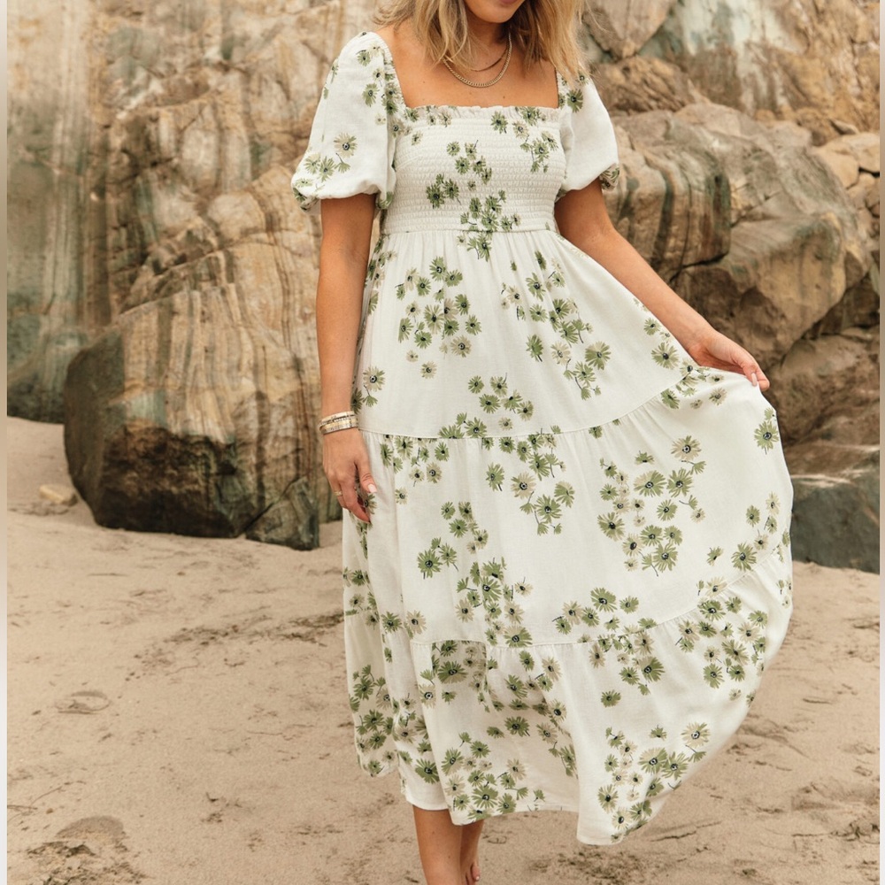Abercrombie & Fitch White Midi Dress with Green Floral Print